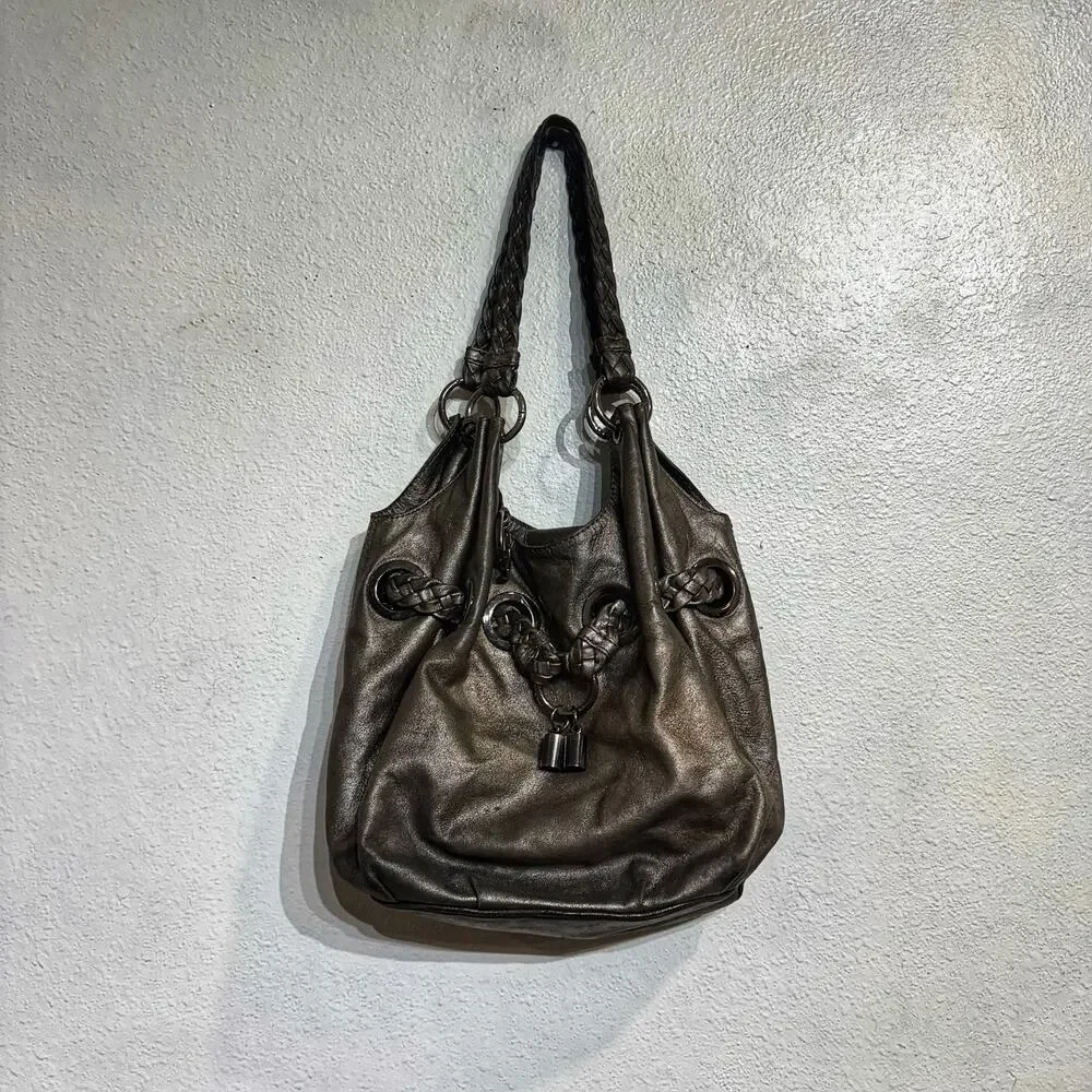 Michael Kors Metallic Silver Leather Drawstring Hobo Shoulder Bag Large